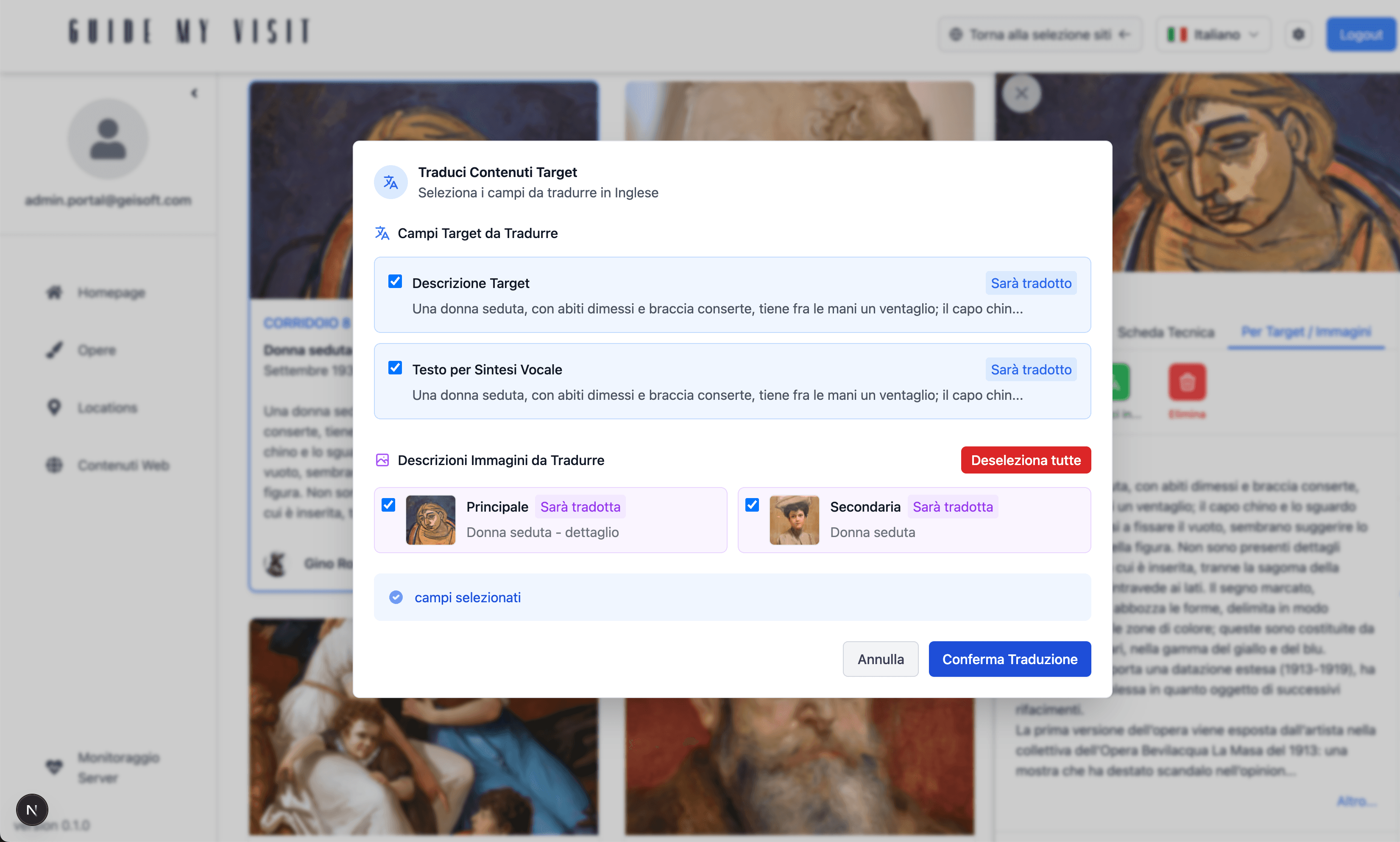 Piattaforma gestione GuideMyVisit - Dashboard operatori per contenuti museali analytics e configurazioni